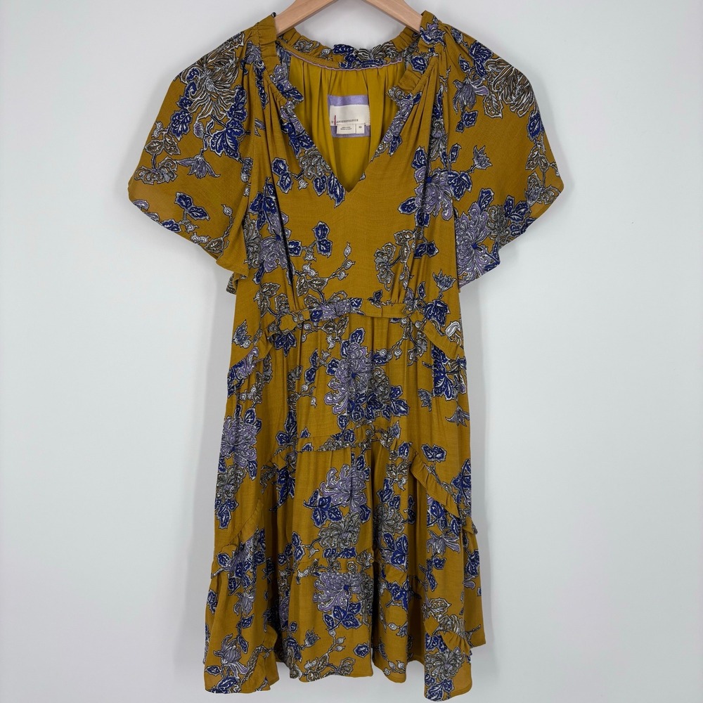 Anthropologie Robin Tiered Mini Dress Women XS Mustard Floral Boho Ruffle Sleeve